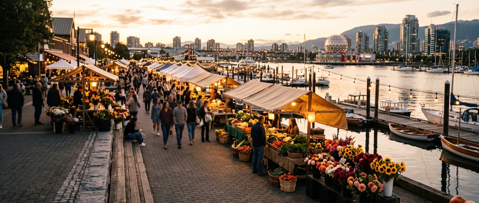 An open-air waterfront market under string lights on False Creek