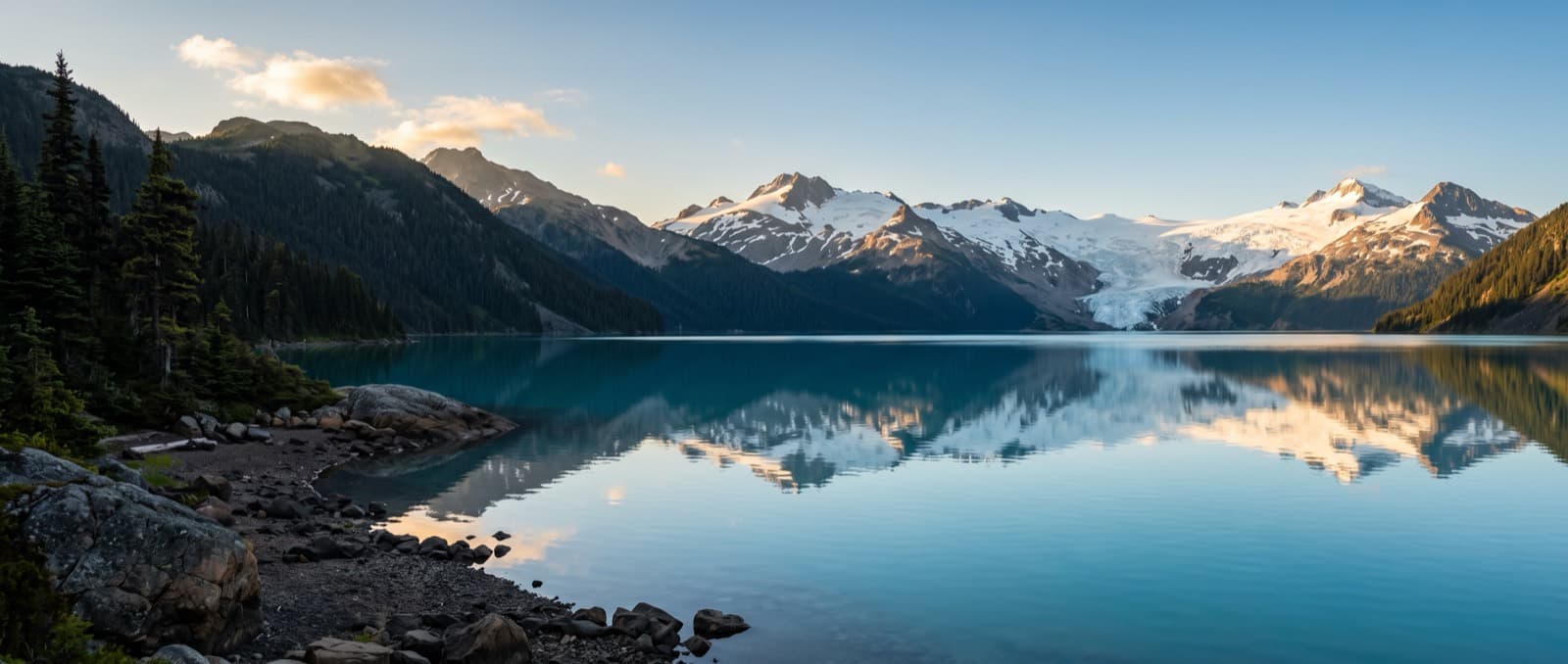 Still turquoise water of Garibaldi Lake reflecting the peaks