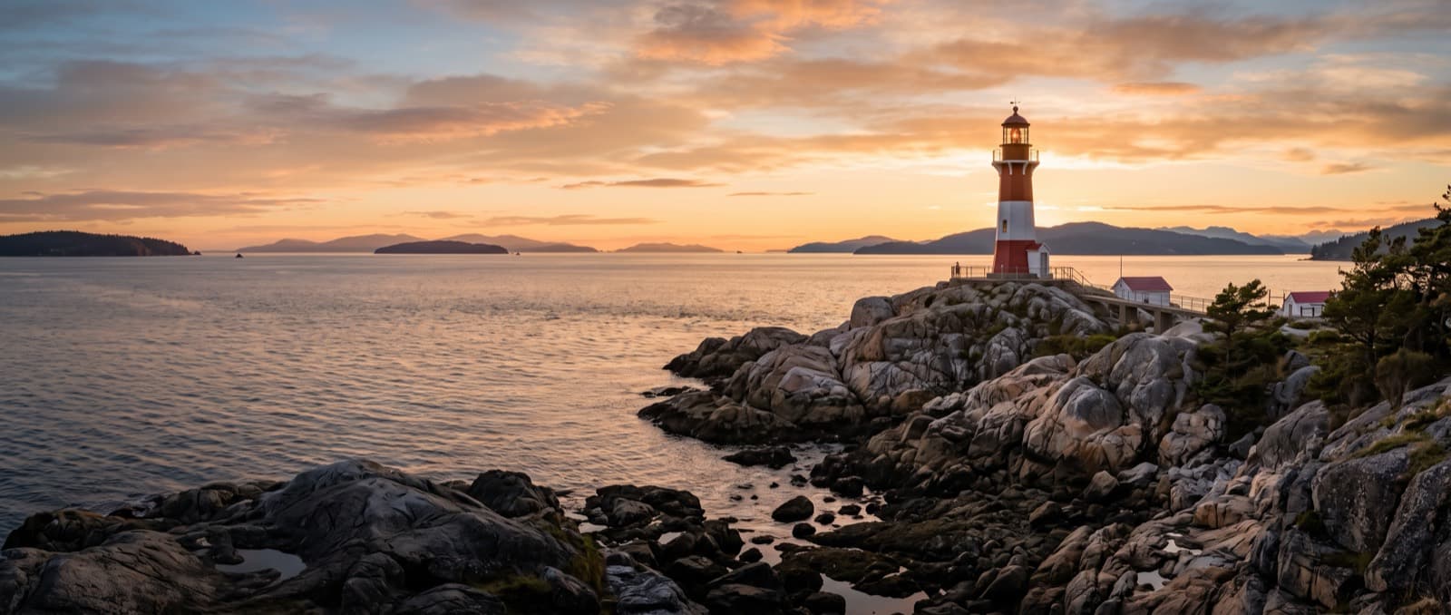 Point Atkinson lighthouse on its rocks at golden hour