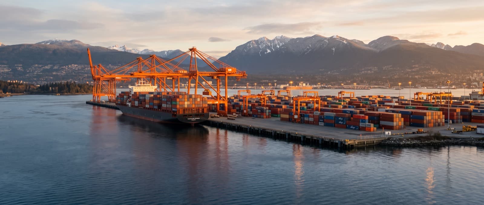 Orange container cranes at the Port of Vancouver at dawn