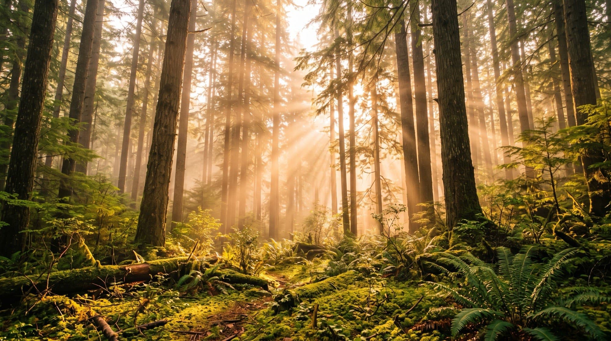 Sunlight through a coastal rainforest at dawn