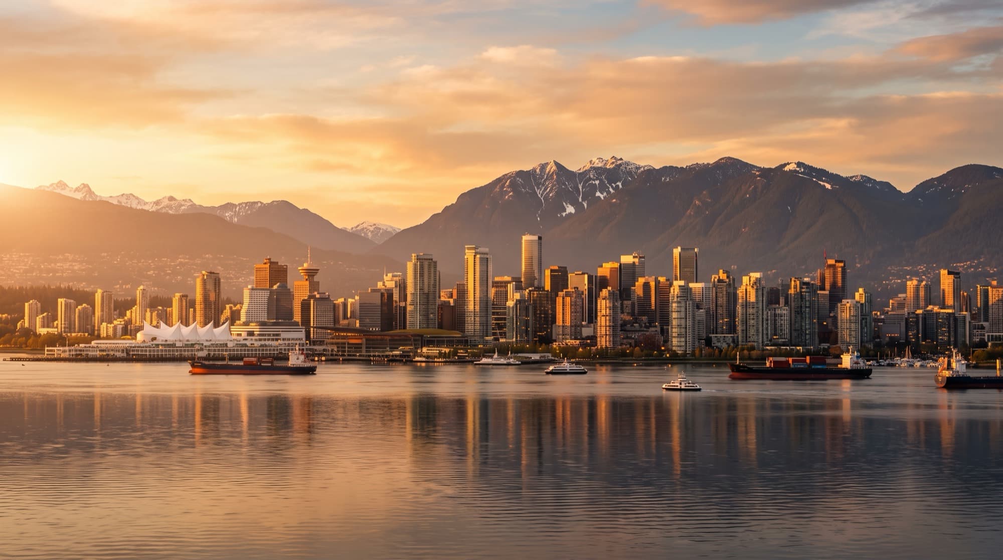Vancouver skyline and North Shore mountains at golden hour